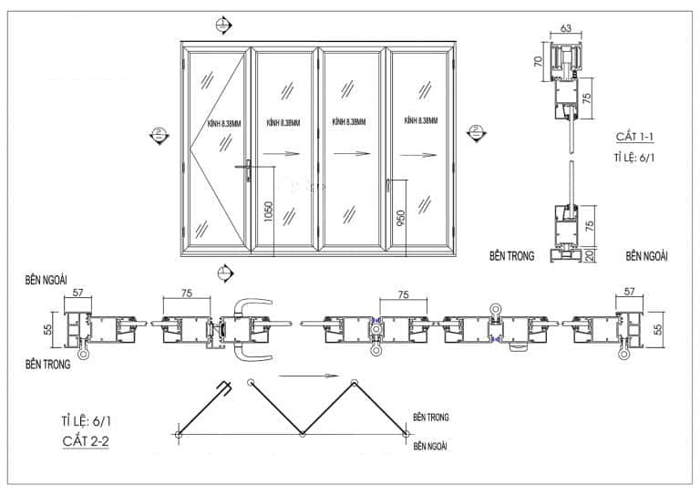 Cửa Nhôm Xingfa Hệ 63 – 8 Cánh kiểu cửa đi xếp trượt